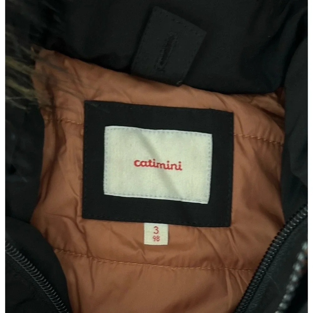 catimini Parka Puffer Jacket  Black‎ Faux Fur Hood Size 3 NWT